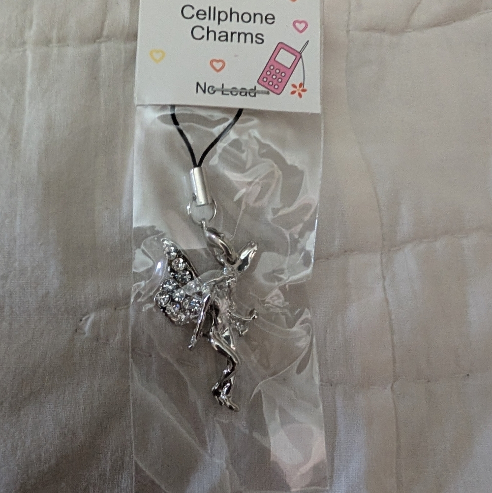 Silver Fairy Phone Charm with Crystal Wings - Decorative Cellphone Accessory